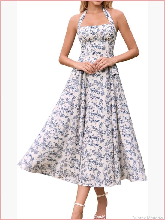 Dresses & Skirts - Floral Halter Corset Midi Dress Flowy A-Line Bow Tea Party